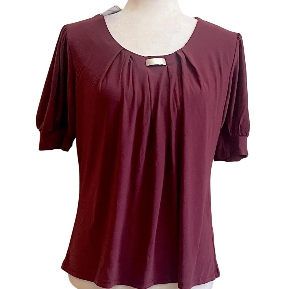 NY Collection Petite Burgundy Puff Sleeve Blouse Womens Medium Short Sleeves New